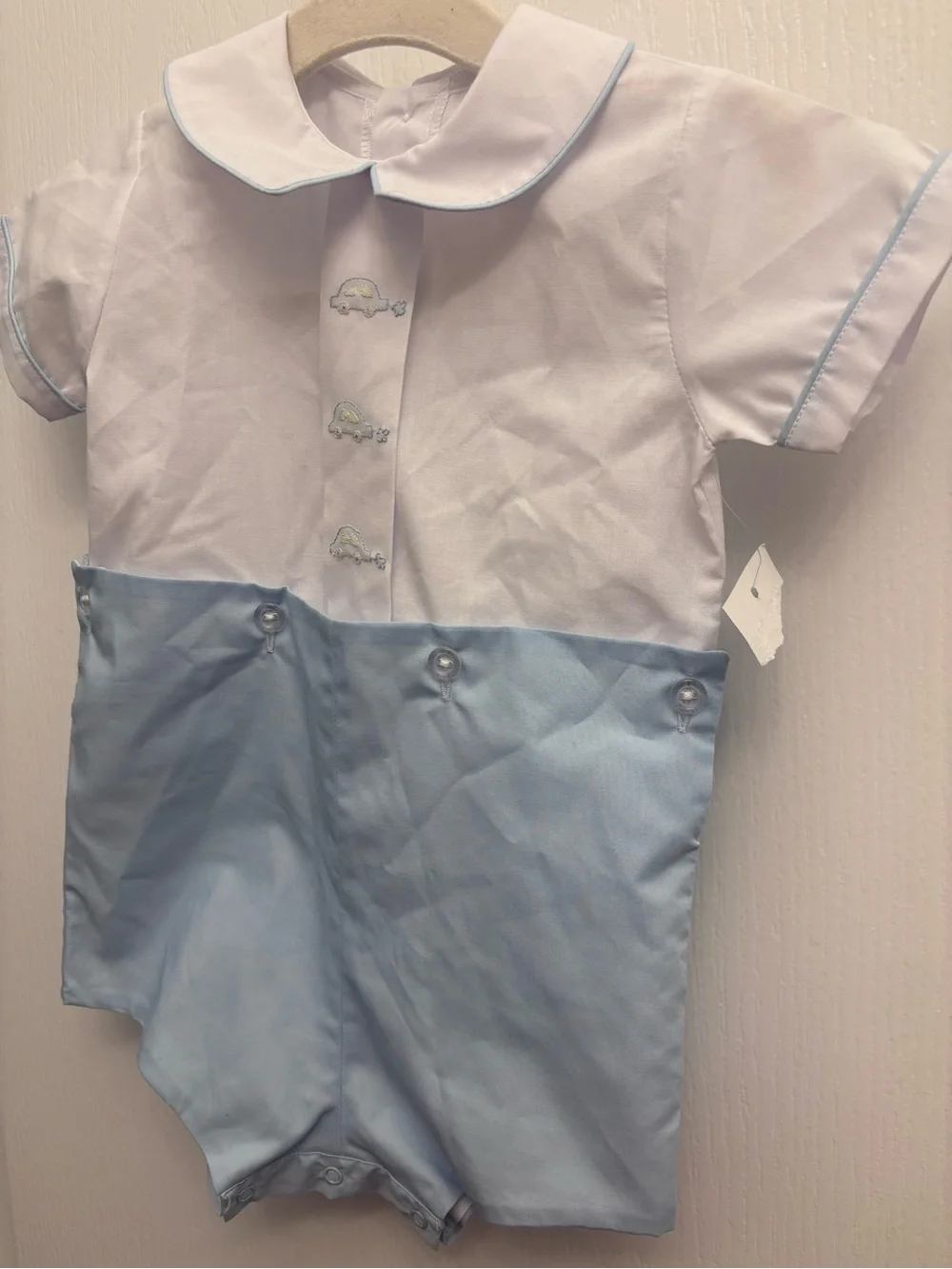NWT Auraluz Baby Boy Hand Embroidered Car Bubble Romper 6M Heirloom Outfit